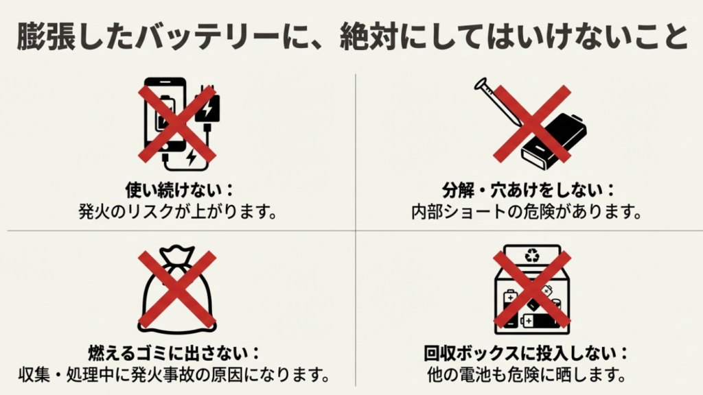膨張した電池を使い続ける、分解する、ゴミに出す、回収ボックスに入れることが禁止である旨の警告図