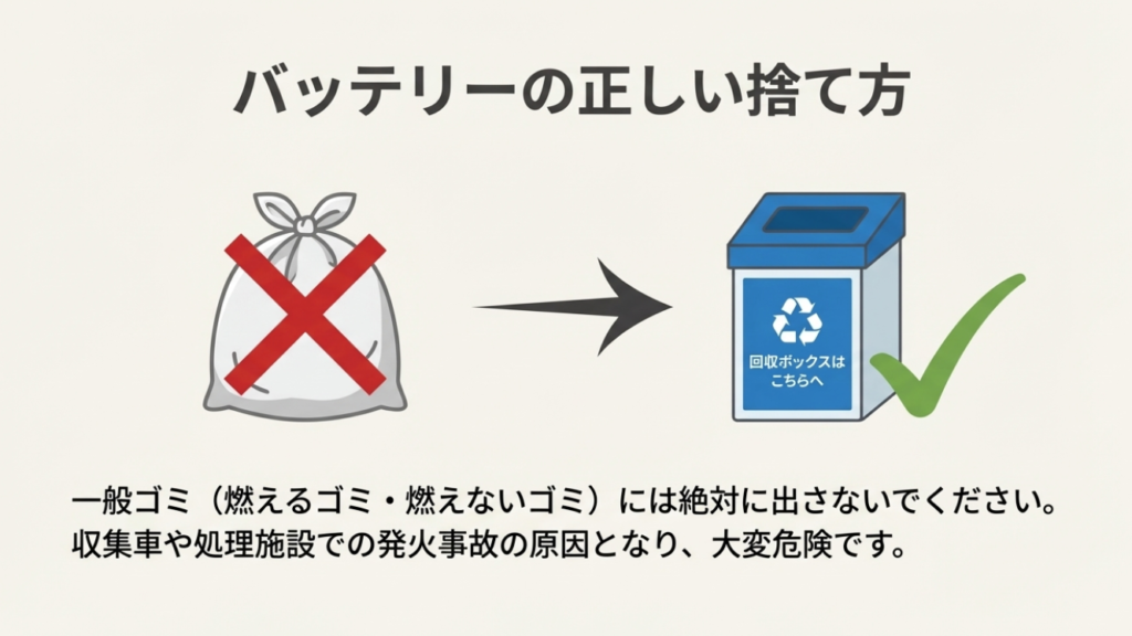 モバイルバッテリーを一般ゴミに捨てず、家電量販店などのリサイクル回収ボックスへ入れる図