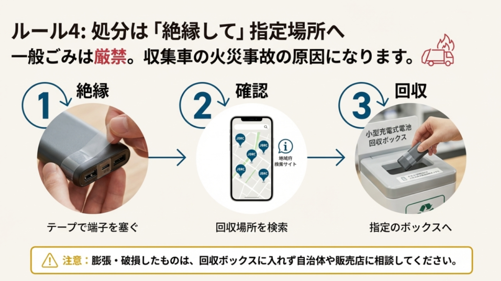 モバイルバッテリーを捨てる際の手順。端子部分をテープで絶縁し、家電量販店などのJBRC回収ボックスへ入れる流れ。