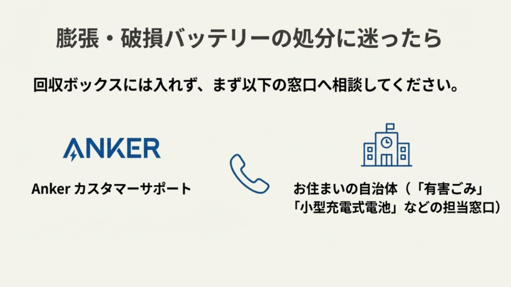 膨張や破損がある場合は回収ボックスに入れず、Ankerカスタマーサポートや自治体の有害ごみ窓口へ相談するフロー