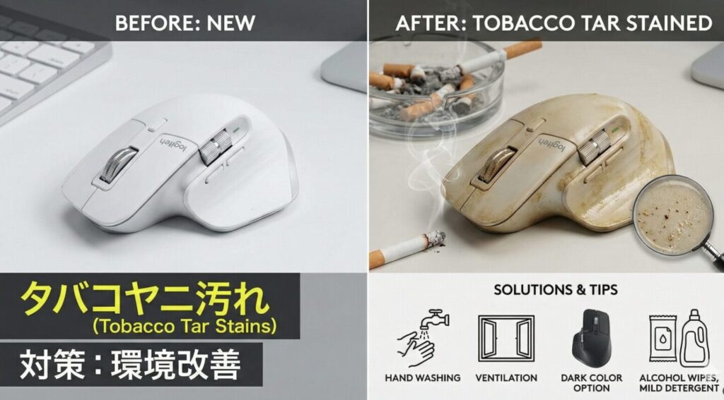 タバコヤニと白マウス汚れ