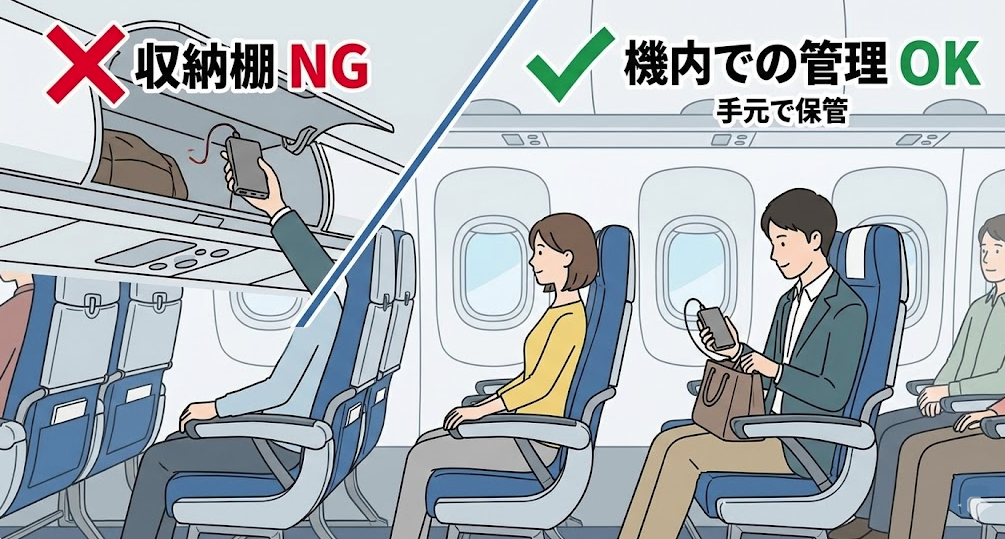 収納棚禁止と機内での管理