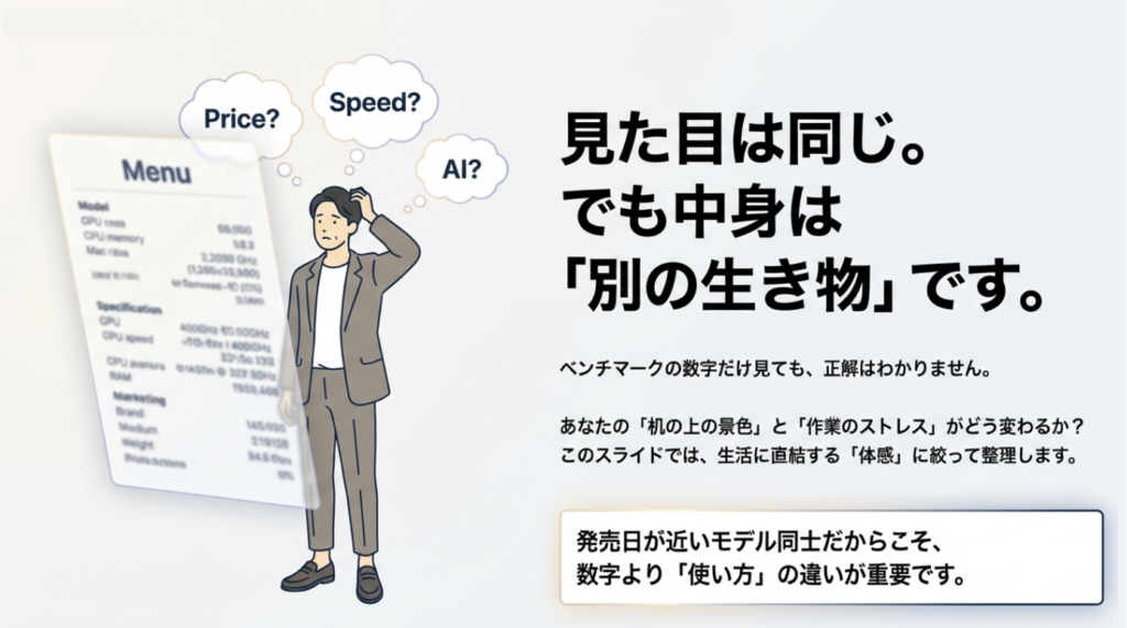 MacBook Air M3とM4の比較。スペックの数字よりも作業ストレスや机の上の景色といった体感の違いを重視する図解。