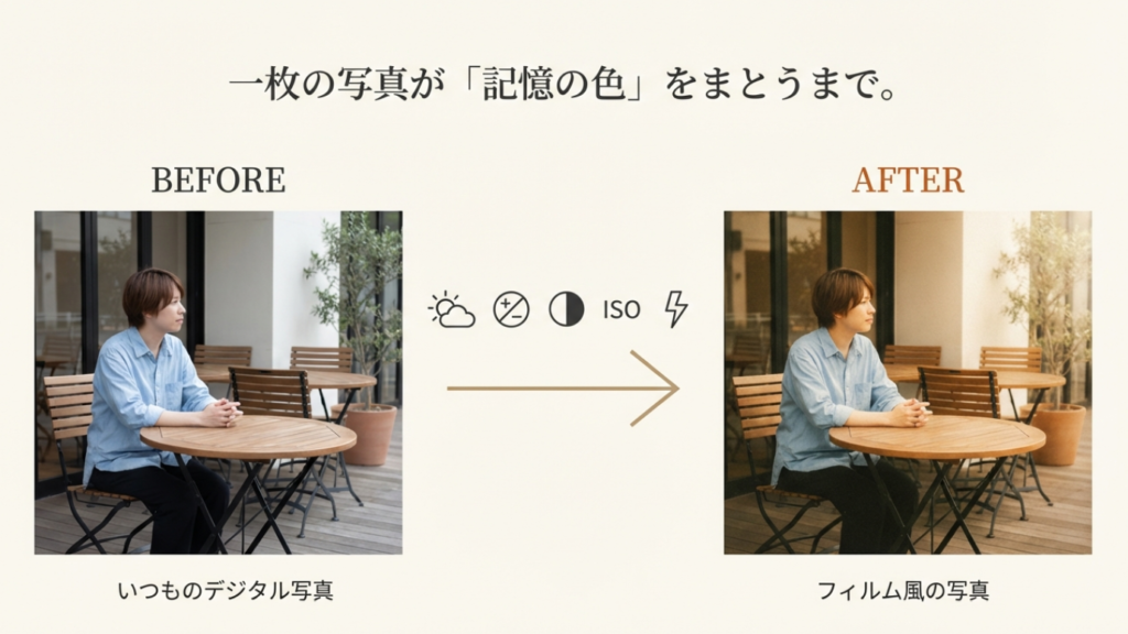 コンデジのフィルム風設定前と後の比較写真。通常のデジタル写真とフィルム風写真の違い。