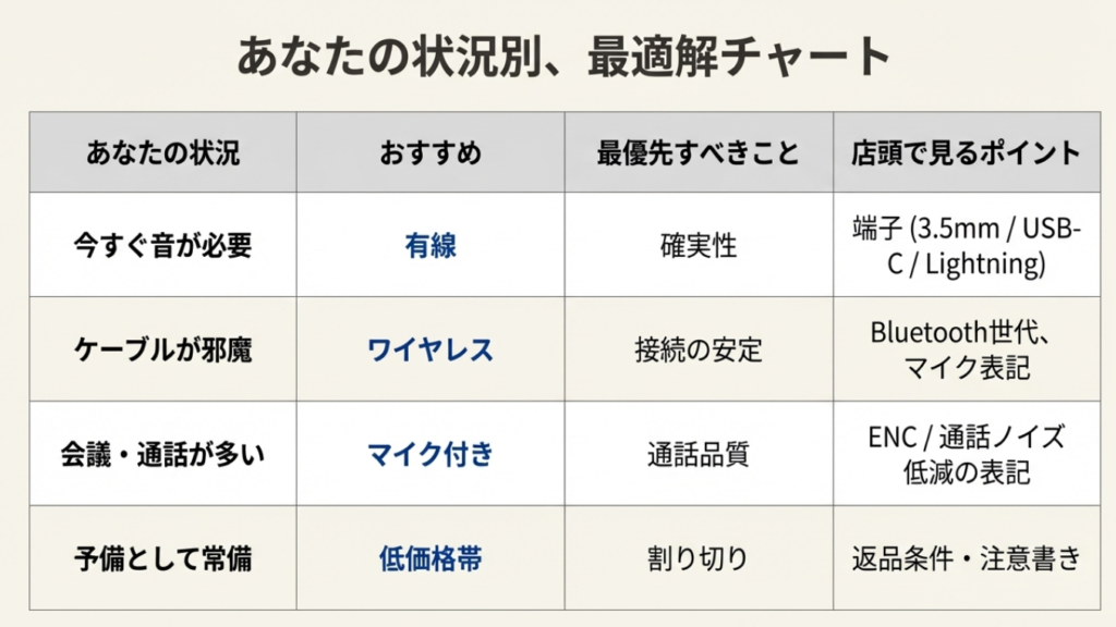ローソンでイヤホンを買う時の選び方チャート。緊急時は有線、快適さ重視ならワイヤレス、会議用ならマイク付きなど状況別の最適解。