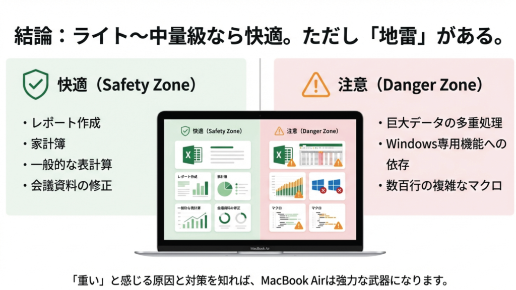 MacBook Airのエクセル利用範囲チャート。レポート作成や表計算は快適だが、マクロやWindows専用機能は注意が必要