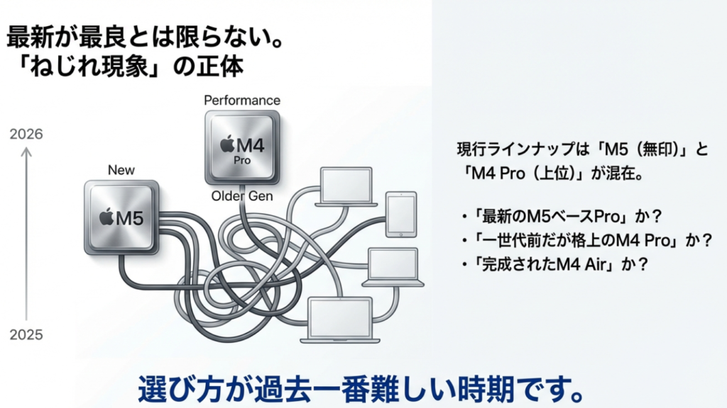 2026年現在のMacBookラインナップにおけるM5（最新）とM4 Pro（旧世代高性能）の立ち位置を示す図