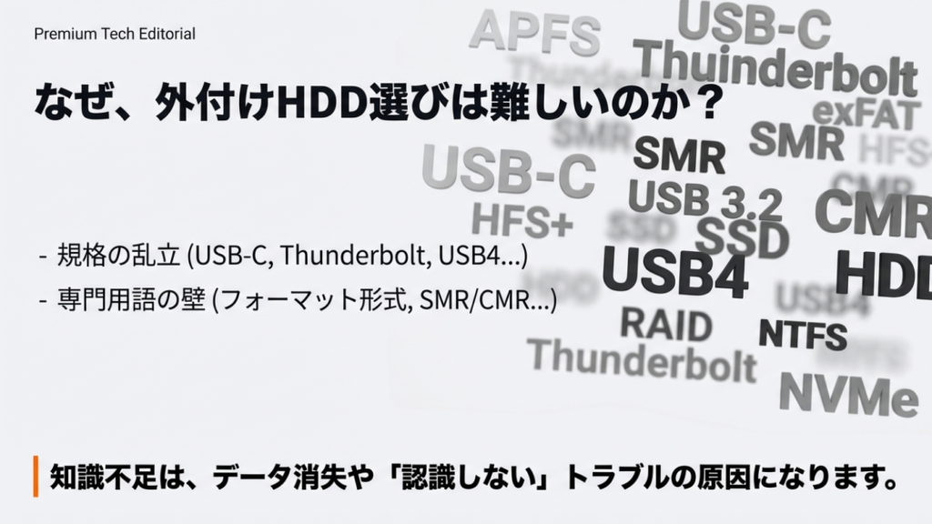 MacBook Proの外付けHDD選びが難しい理由:規格の乱立や専門用語の壁
