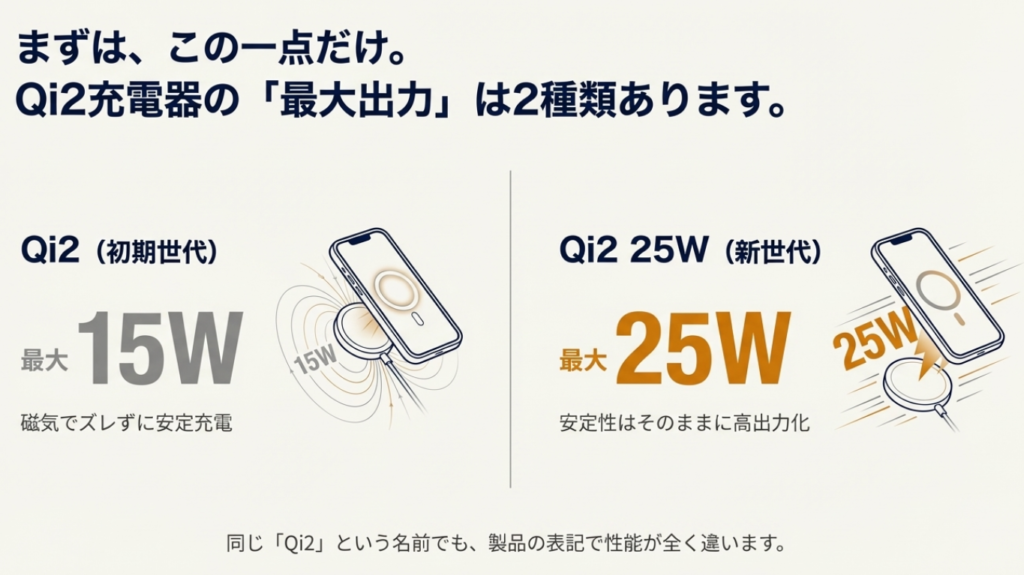 初期世代のQi2（最大15W）と新世代のQi2 25W（最大25W）の充電速度と磁気アライメントの違いを比較したイラスト