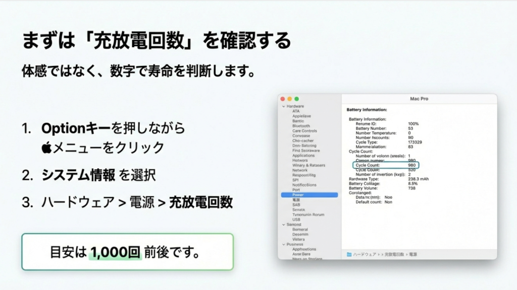 MacBook Proの充放電回数を確認する方法:システムレポートから電源を選択