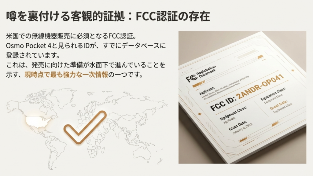 米国FCCデータベースに登録されたOsmo Pocket 4と思われるFCC ID「2ANDR-OP041」の認証情報キャプチャ画像。