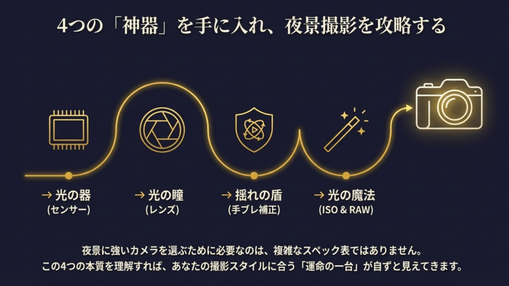 夜景に強いコンデジ選びの4要素（センサー、レンズ、手ブレ補正、ISOとRAW）