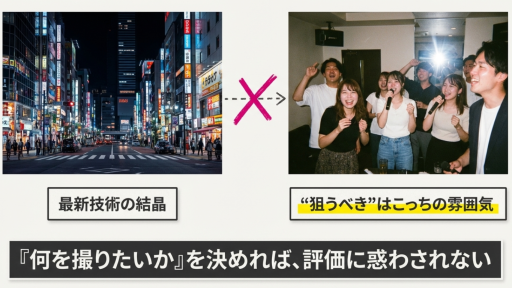 高画質な夜景写真と、レトロコンデジのフラッシュを使った雰囲気のある写真の比較画像