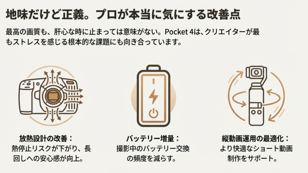 Osmo Pocket 4で期待される放熱設計の改善、バッテリー容量の増量、縦動画撮影の最適化を示す機能イラスト。