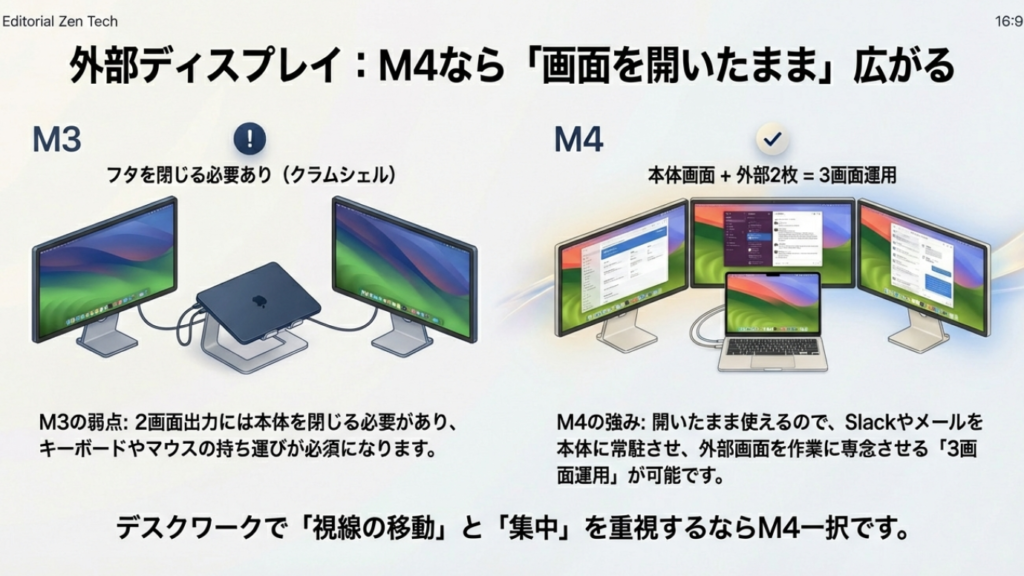 MacBook Air M3のクラムシェルモードによる2画面出力と、M4のリッドオープン(蓋を開けた状態)での3画面運用比較図。