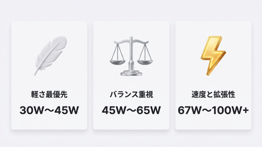 軽さ最優先、バランス重視、速度と拡張性の3つの基準を示す天秤のイラスト。