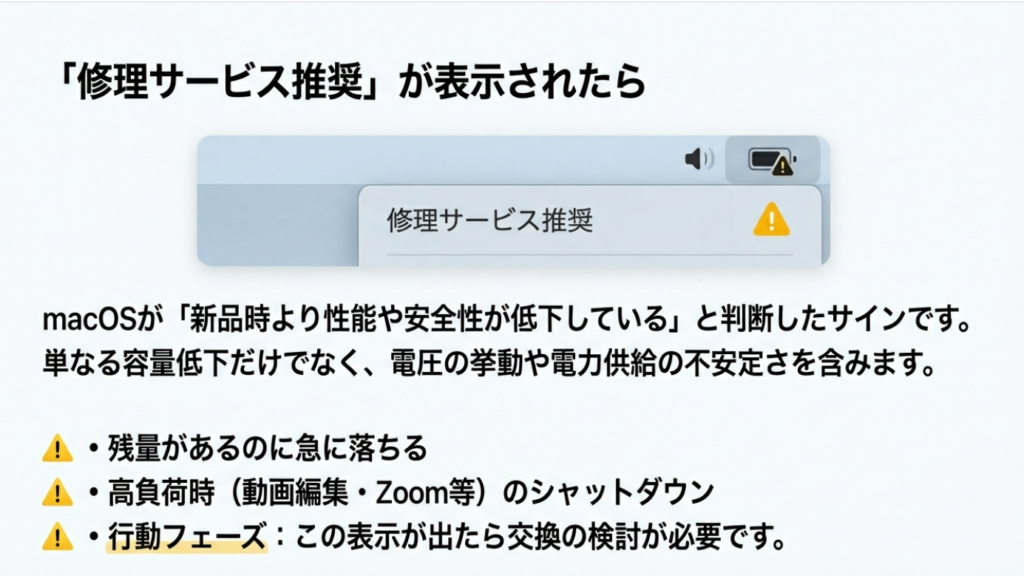 修理サービス推奨の表示意味:性能低下や突然のシャットダウンのリスク