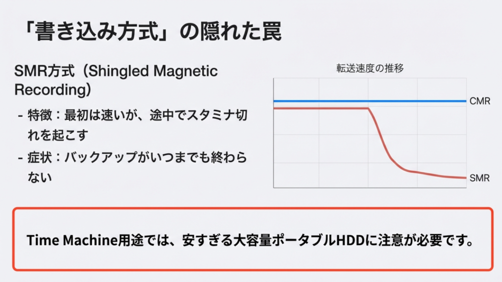 HDDの転送速度推移グラフ:CMRは一定だが、SMRは途中で速度低下を起こす