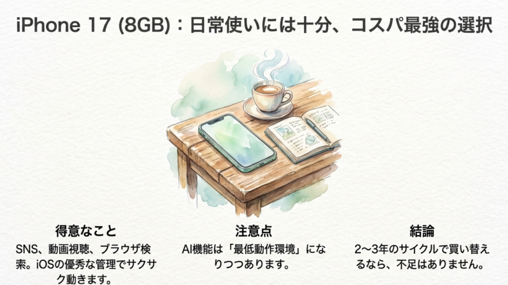 iPhone 17（8GB）はSNSや動画視聴には十分だが、AI機能が最低動作環境になる点に注意が必要であることを解説したスライド。
