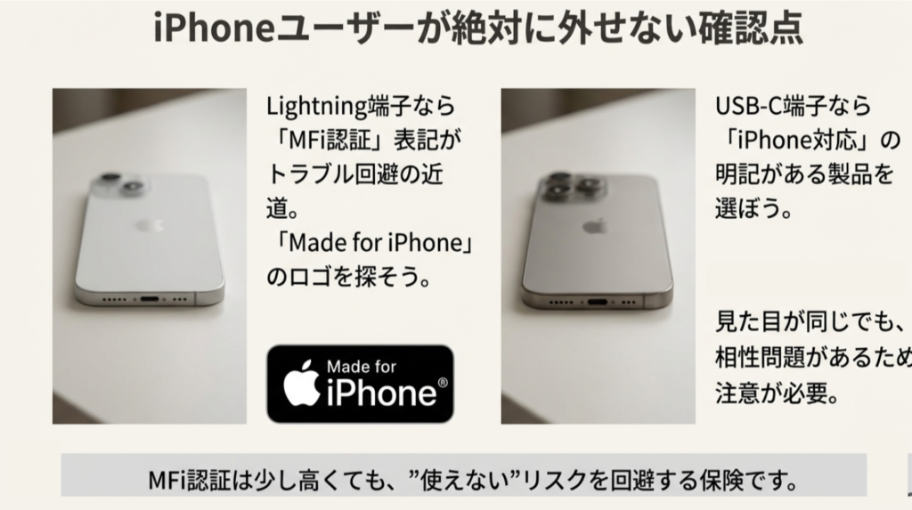 iPhoneユーザーがローソンでイヤホンを買う時の注意点。Lightning端子のMFi認証ロゴと、USB-C端子のiPhone対応表記の確認について。