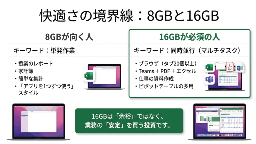 メモリ8GBが向く単発作業(レポート・家計簿)と、16GBが必須なマルチタスク(Teams・PDF・資料作成)の比較表