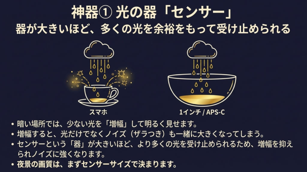 センサーが大きいほど暗所でノイズが減りやすい仕組みの図解