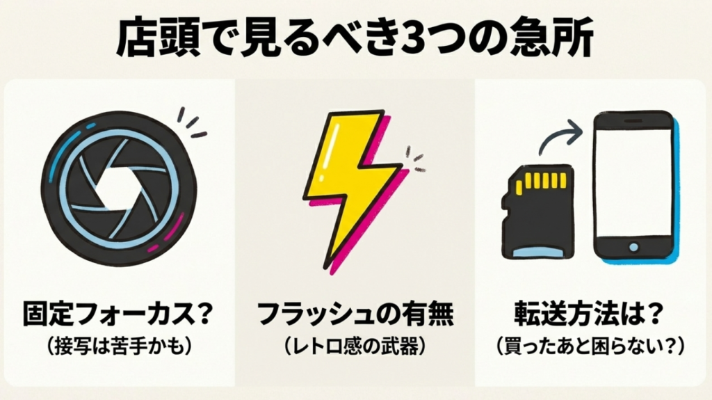 ドンキの店頭でカメラを選ぶ際に確認すべき固定フォーカス、フラッシュ、転送方法の3つのアイコン