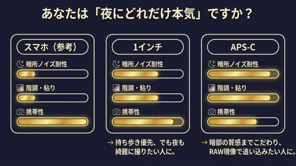 スマホ・1インチ・APS-Cの暗所耐性と携帯性の比較イメージ