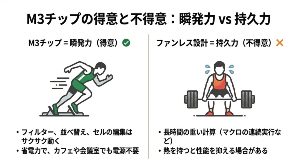 M3チップの性能特性イメージ。フィルターや編集の瞬発力は高いが、長時間の重い計算や熱による制限に注意が必要