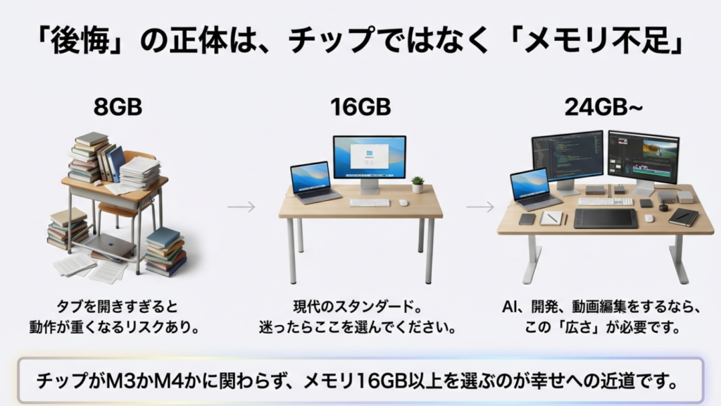 MacBook Airのメモリ選び方。8GBは動作が重くなるリスクあり、16GBがスタンダード、24GB以上はAIや動画編集向けという推奨スペック図。
