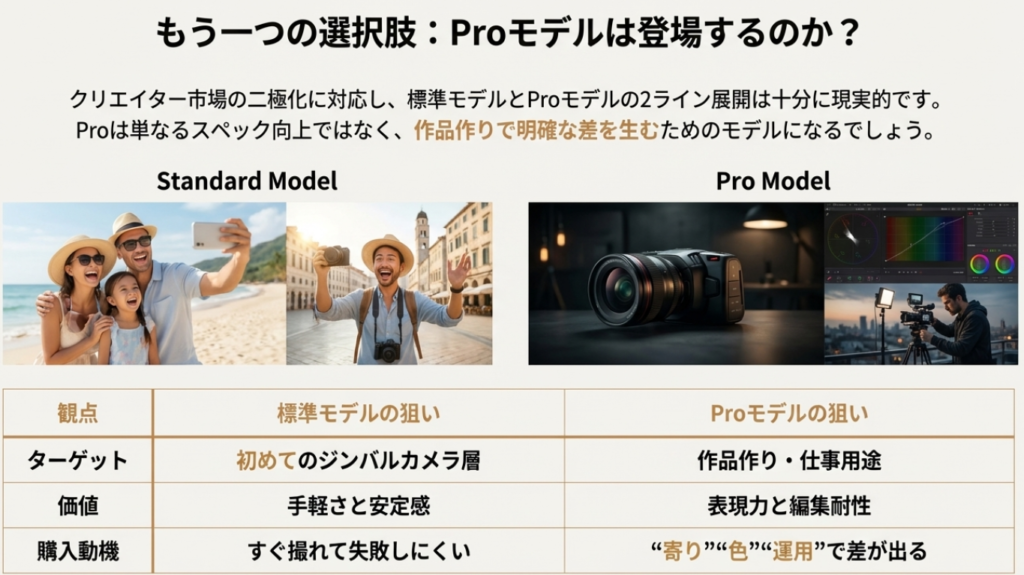 Osmo Pocket 4の標準モデルとProモデルにおけるターゲット層、価値、購入動機の違いを比較整理した表。