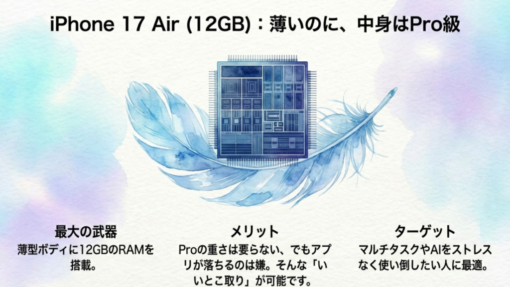 iPhone 17 Airの薄型ボディに12GBメモリを搭載したメリット。Proの重さは不要だがアプリ落ちは防ぎたいユーザー向け。