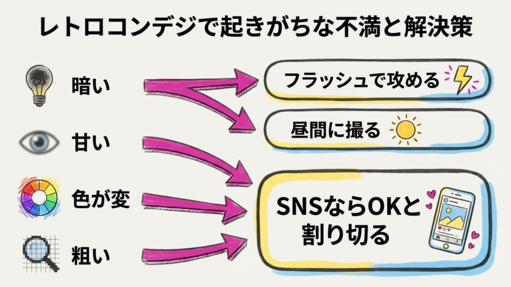 コンデジの暗さやピントの甘さといった不満に対し、フラッシュ活用やSNS割り切りなどの解決策を示した表