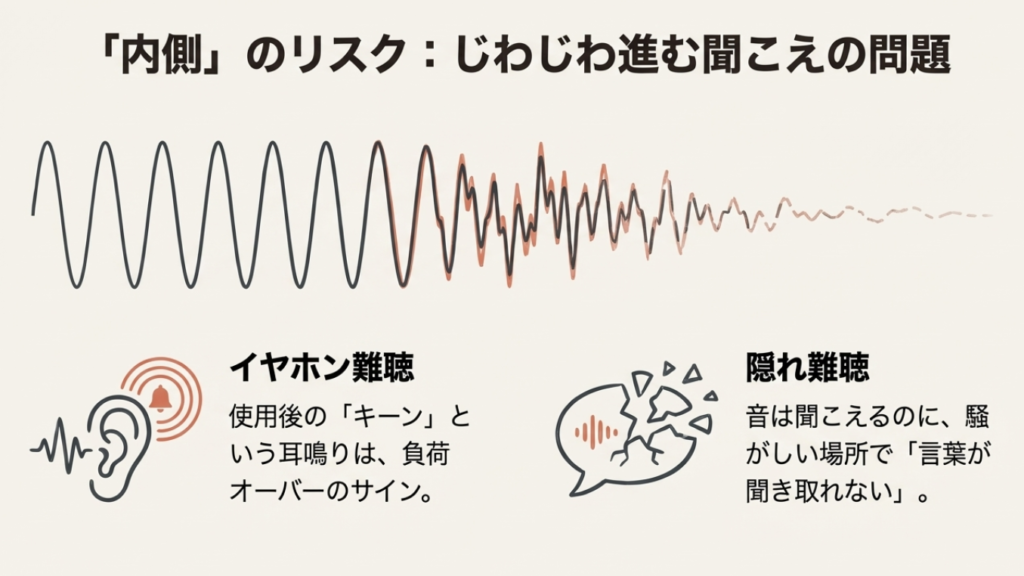 イヤホン難聴の耳鳴りと、雑音下で言葉が聞き取りづらい隠れ難聴のイメージを示す図解