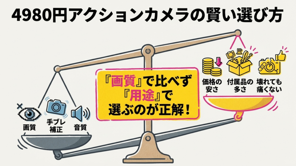 画質や手ブレ補正よりも、価格の安さや付属品の多さを重視するアクションカメラ選びの天秤イラスト