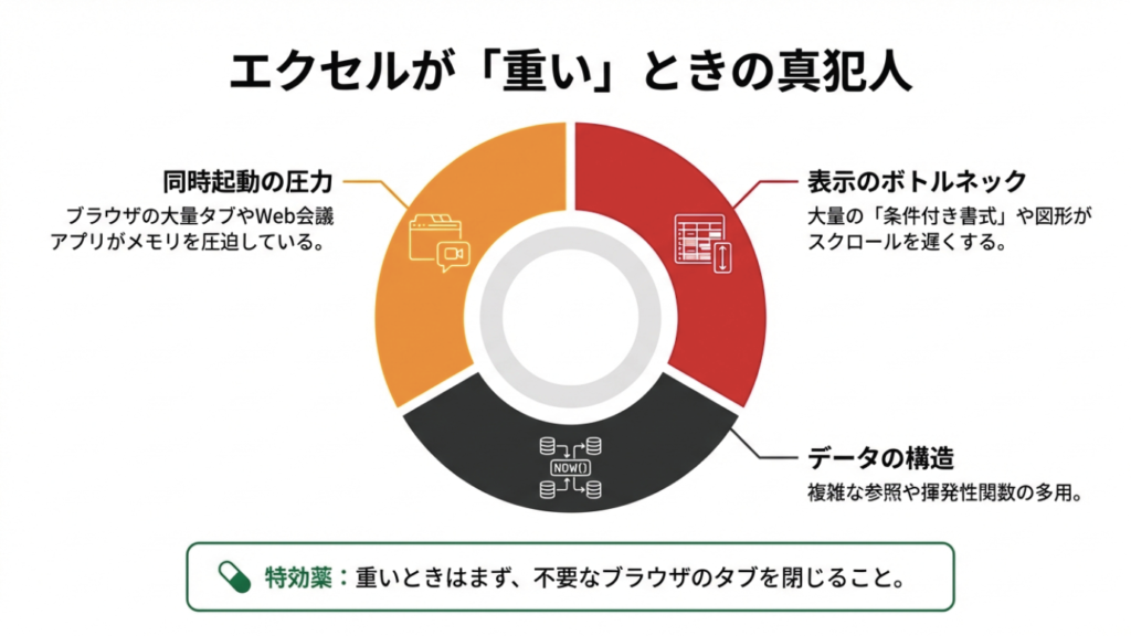 エクセルの動作が重い原因グラフ。同時起動アプリの圧力、表示のボトルネック、データの構造と計算負荷の解説