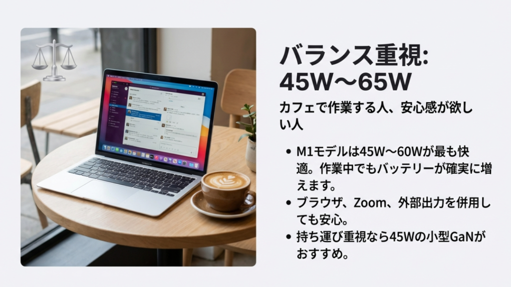 カフェ作業やM1モデルに最適な45W〜65W充電器。持ち運びと安心感のバランスが良い。