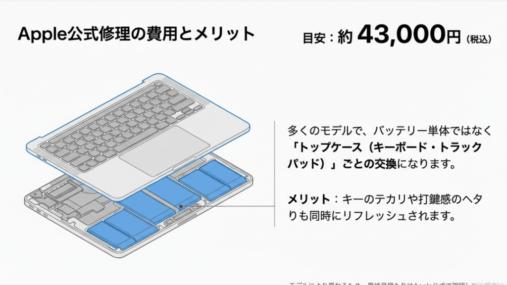 Apple公式修理の費用は約43,000円。トップケースごと交換されるメリットあり