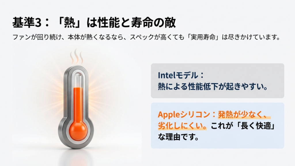 高温状態はMacBook Proの性能とバッテリー寿命の敵であり、Intelモデルは特に熱による劣化に注意が必要であることを示す温度計のイラスト。