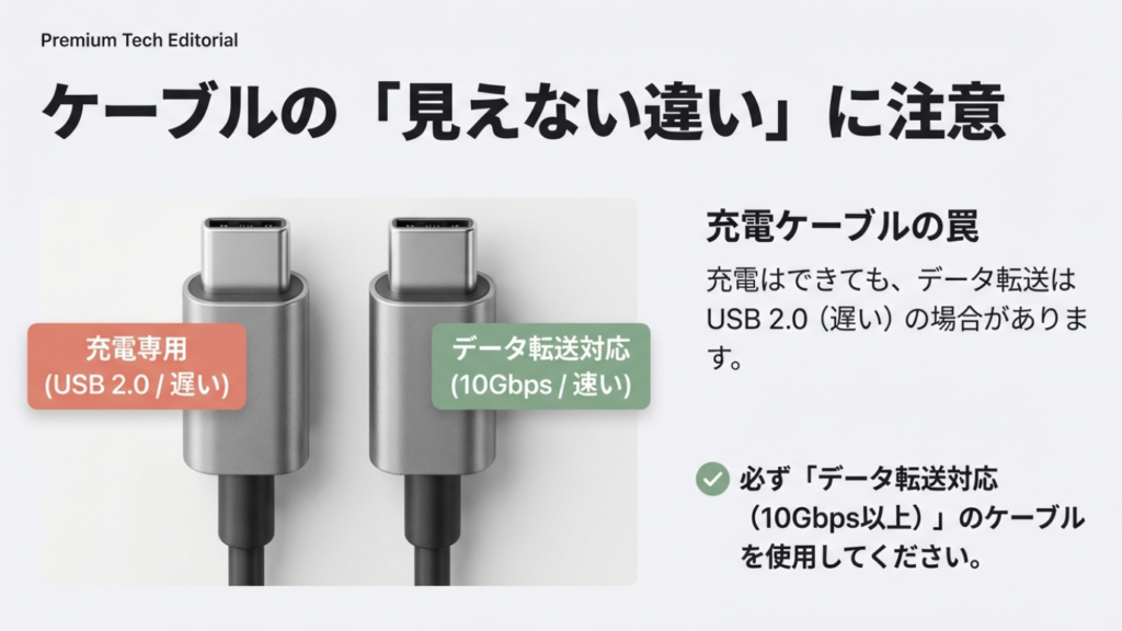 USB-Cケーブルの見えない違い:充電専用は遅く、データ転送対応は速い