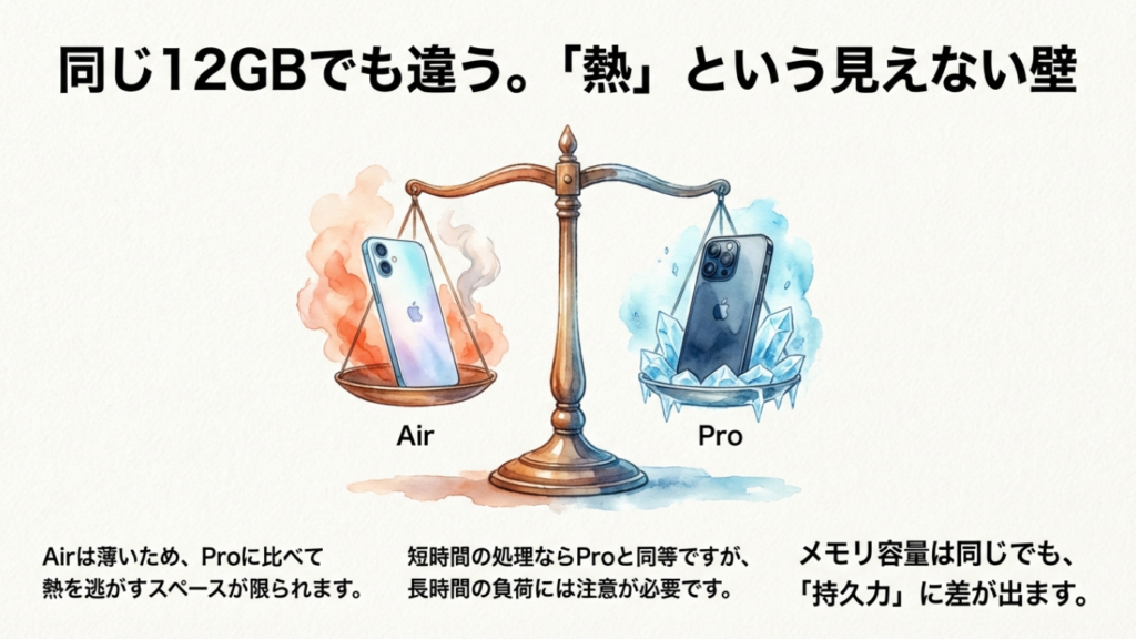 天秤を用いたAirとProの比較図。同じ12GBメモリでも、薄型のAirは排熱スペースが限られ、Proは冷却性能が高く持久力があることを説明。