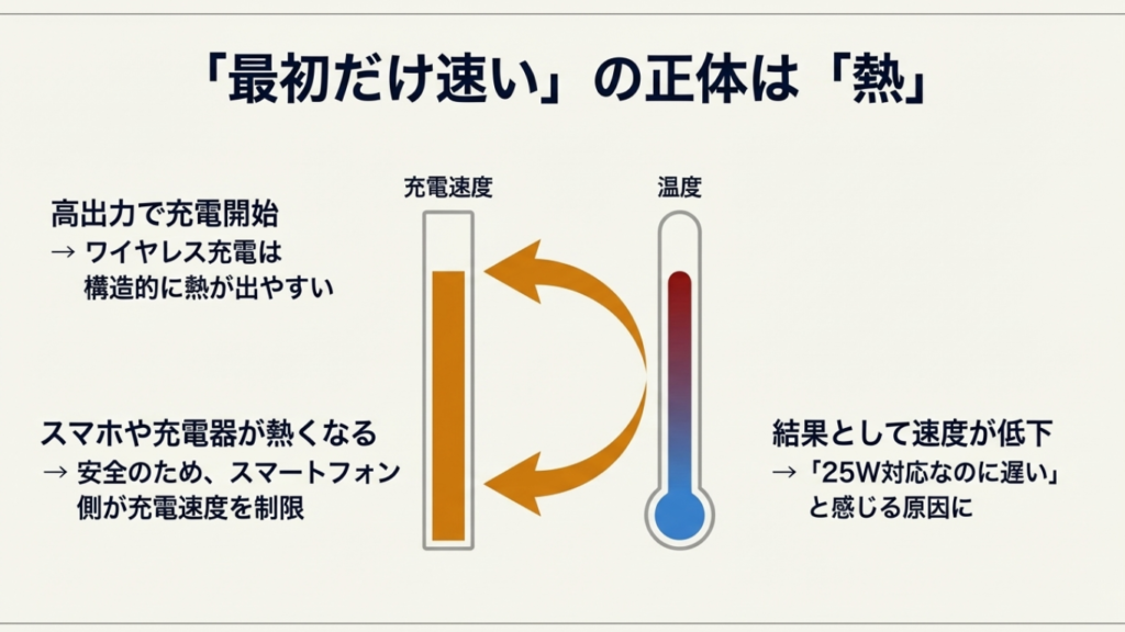 スマートフォンの発熱により充電速度が制限されるスロットリング現象の仕組み図解
