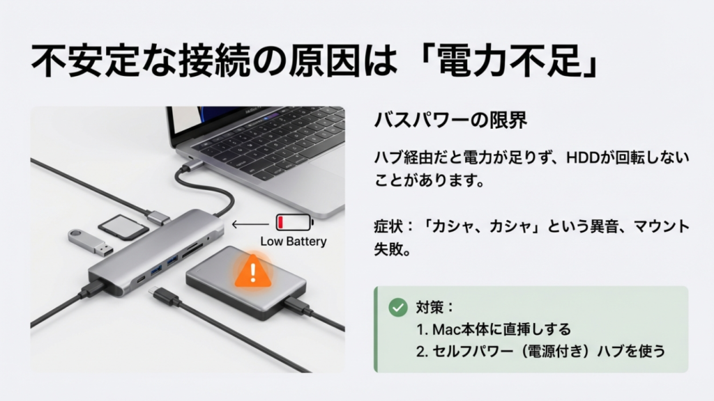 ハブ経由での電力不足:不安定な接続の原因はバスパワーの限界にある