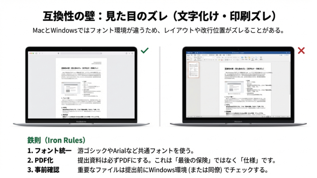 MacとWindowsのフォント環境の違いによるレイアウト崩れの例と、PDF化による解決策、フォント統一の鉄則