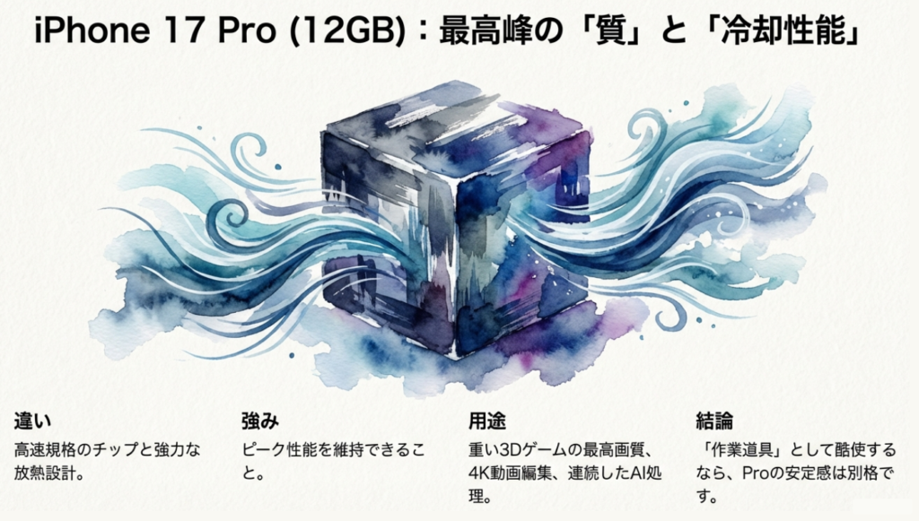 iPhone 17 Proの強みである高速チップと放熱設計の解説。3Dゲームや4K動画編集などの高負荷作業に適している理由。