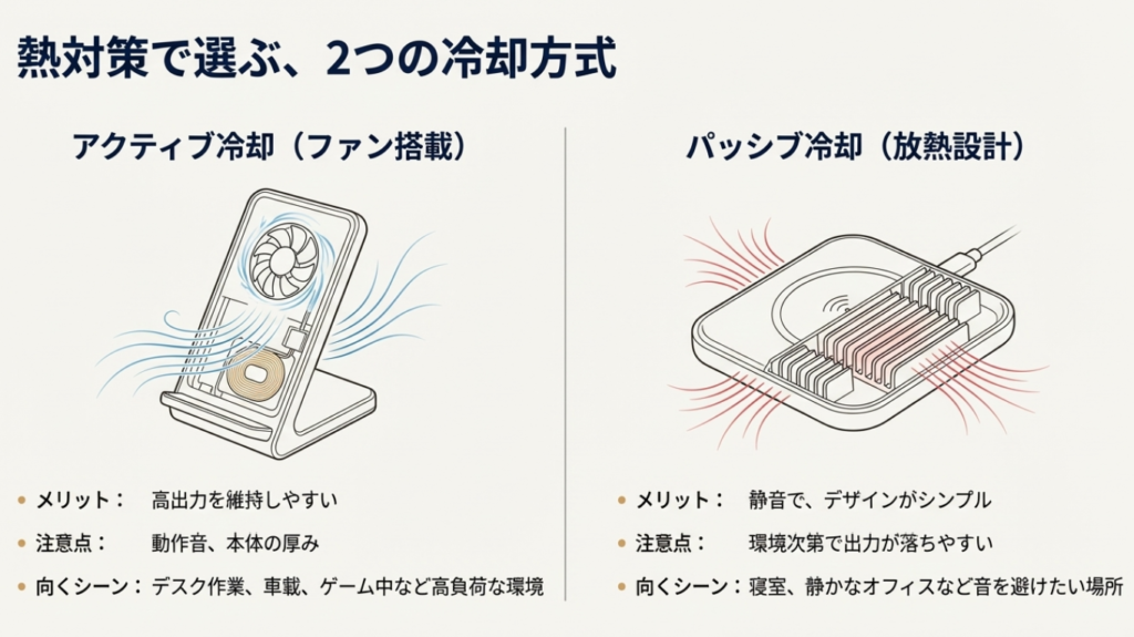 Qi2ワイヤレス充電器のアクティブ冷却（ファン搭載）とパッシブ冷却（放熱設計）の構造とメリット・デメリット比較