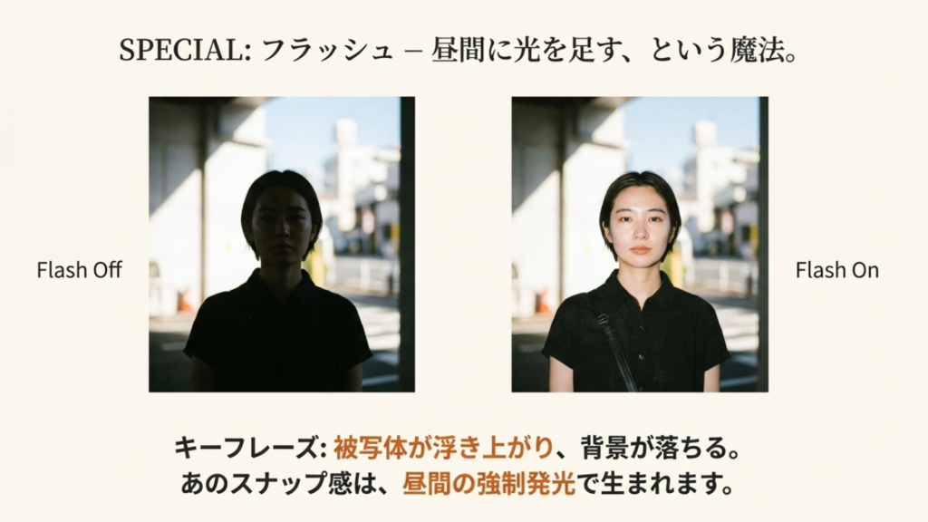 コンデジのフラッシュ強制発光を使った日中撮影の作例。被写体が浮き上がるフィルムカメラ特有の描写。