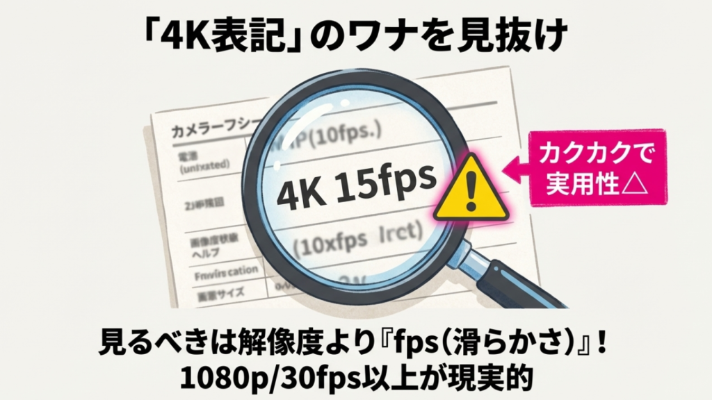 格安アクションカメラの4K表記は補間の可能性があり、解像度よりfps（滑らかさ）を確認すべきという解説図