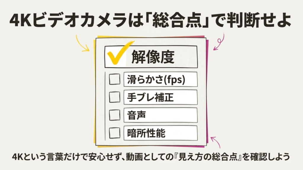 解像度だけでなく、手ブレ補正や音声、暗所性能などを含めた総合点で判断するためのチェックリスト