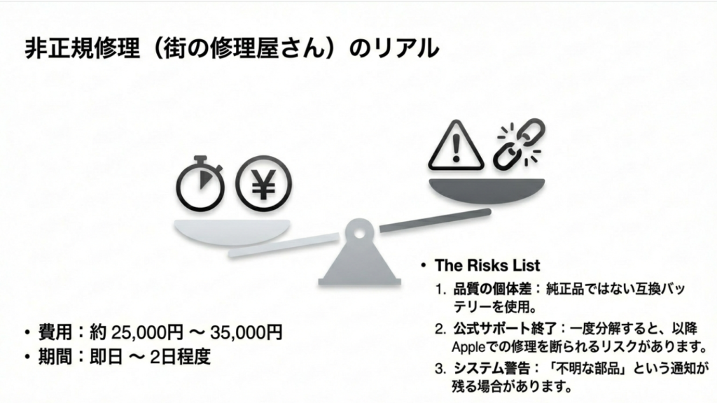 非正規修理の費用は安く早いが、純正品ではないリスクや公式サポート終了の可能性あり